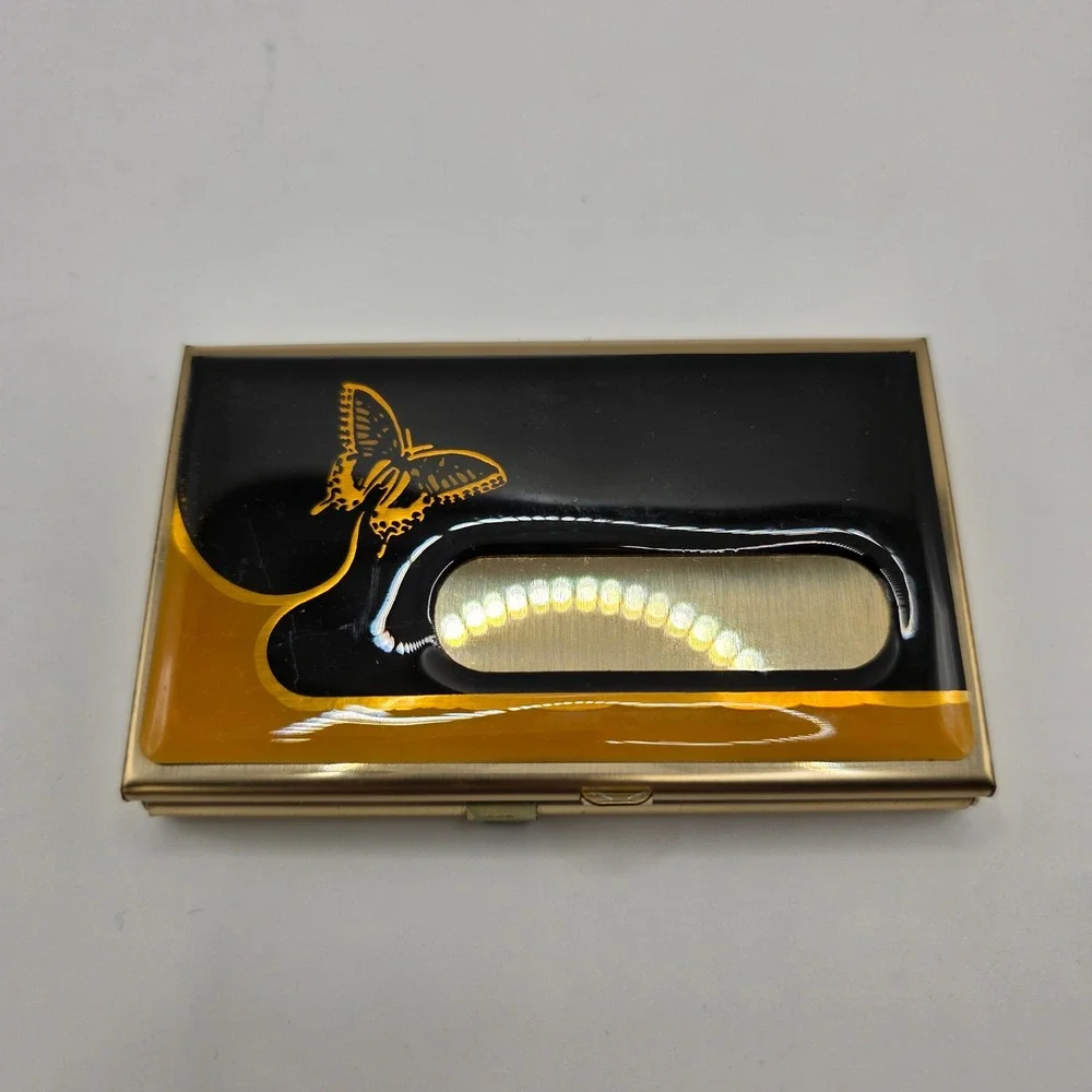 Vtg MCM Butterfly Enamel Vanity Set 4pc Pill Box Card Case Mirror Picture Frame
